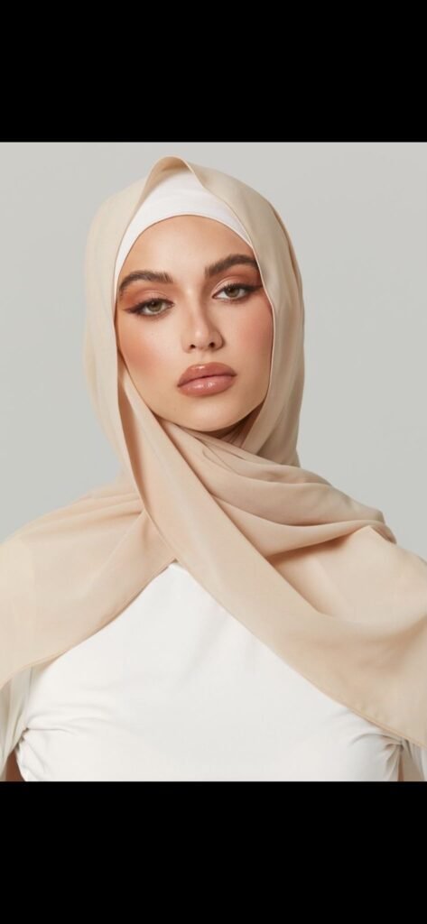 Portrait rapproché d'une modèle portant un hijab beige